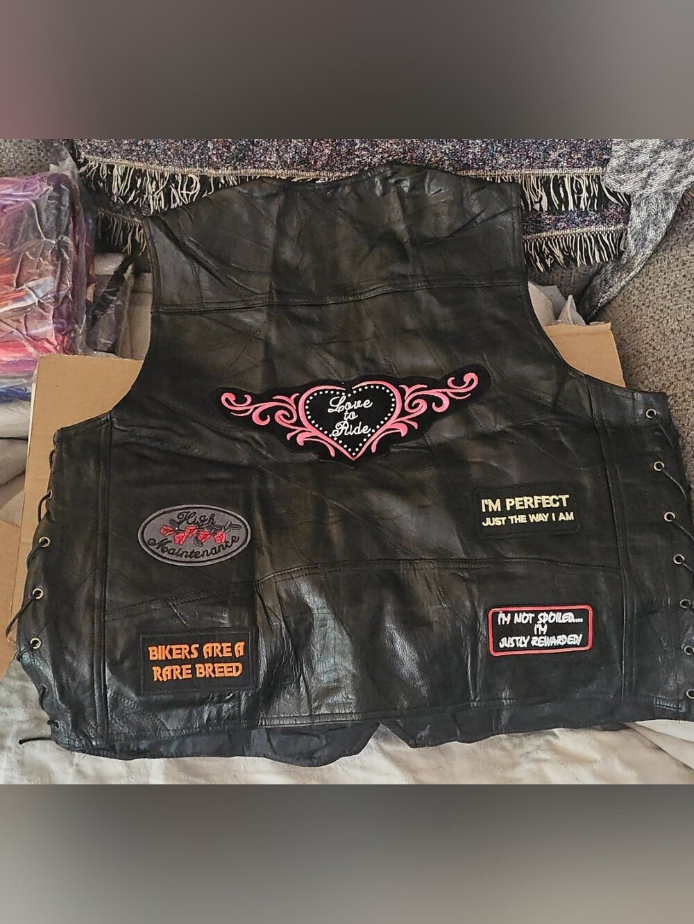 Black Pu Leather Biker Vest with Pink Heart Patch